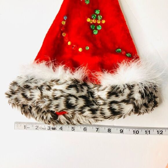 Red Santa Hat with Leopard Faux Fur Trim & Rhinestone Sequin Accents – Holiday C - Picture 4 of 6